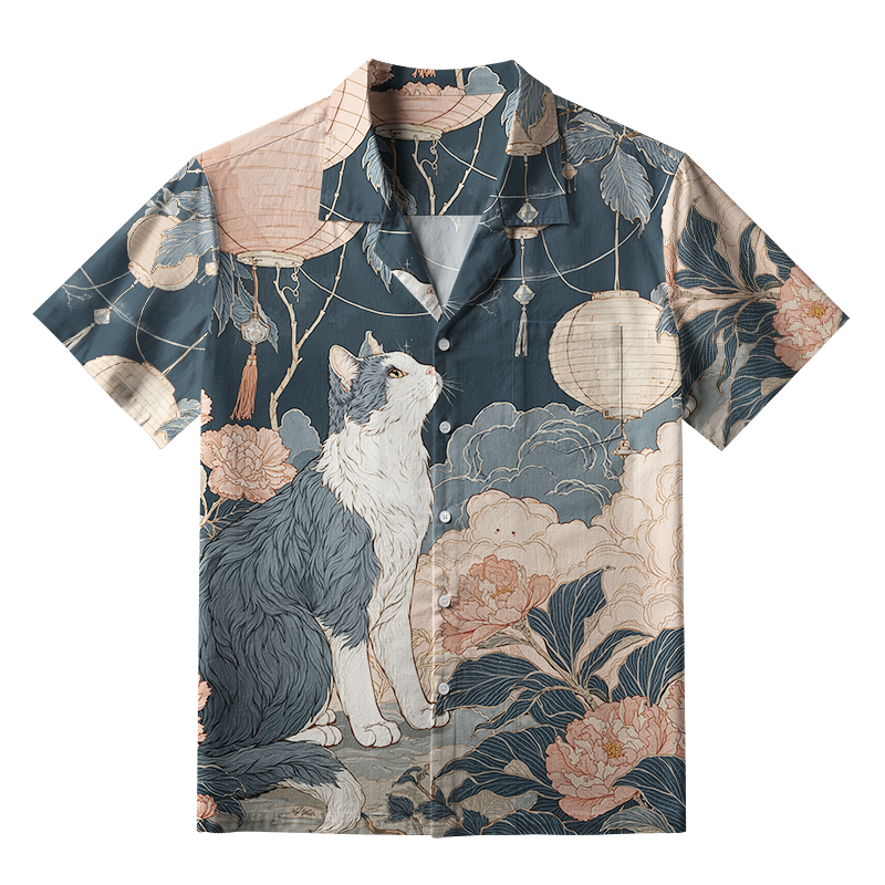 Tokyo-Tiger Mystical Cat Amidst Floral Lanterns Aloha Hawaiian Shirt