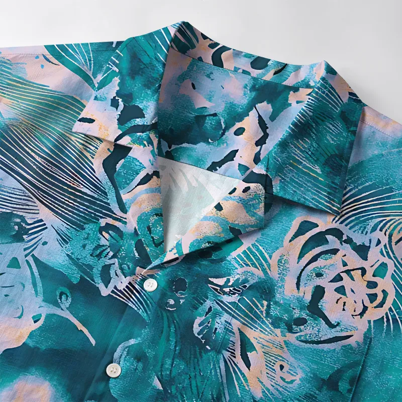 Tokyo-Tiger Japanese Pattern Summer Flowers Blue Aloha Hawaiian Shirt