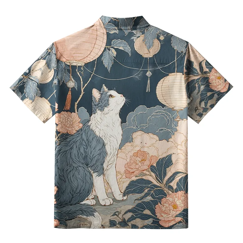 Tokyo-Tiger Mystical Cat Amidst Floral Lanterns Button-up Shirt