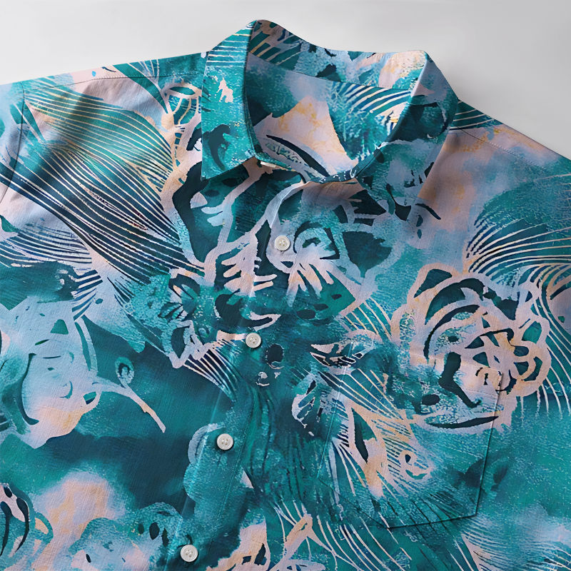 Tokyo-Tiger Japanese Pattern Summer Flowers Blue Button-up Shirt