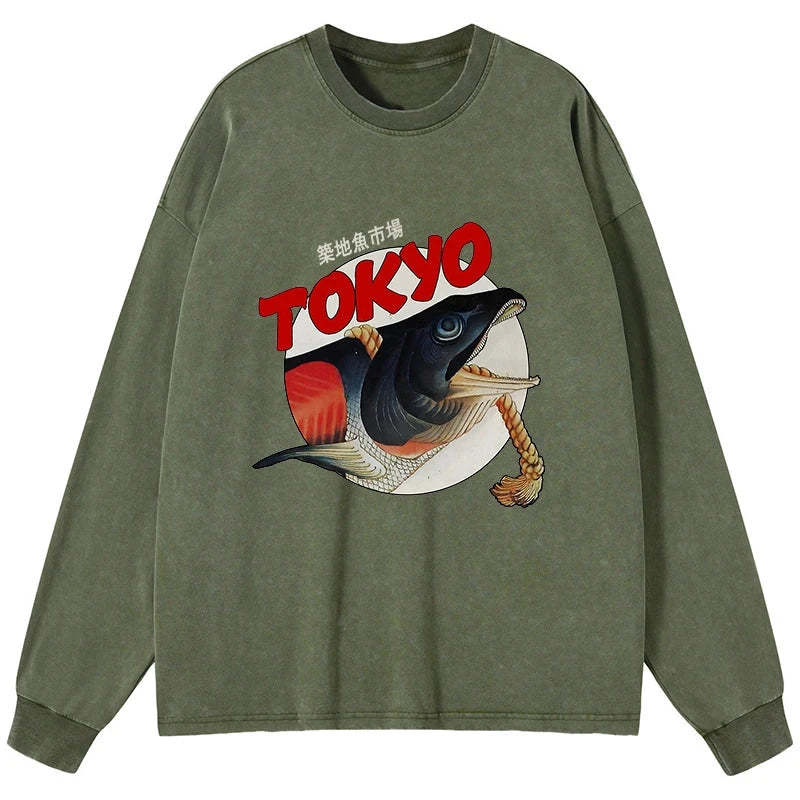 Tokyo-Tiger Vintage Japanese Tsukiji Fish Market Washed Long Sleeve T-Shirt Sale