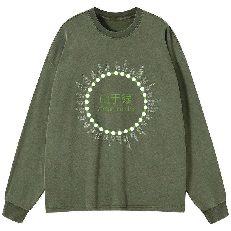 Tokyo-Tiger Yamanote Line Stations Circle Washed Long Sleeve T-Shirt
