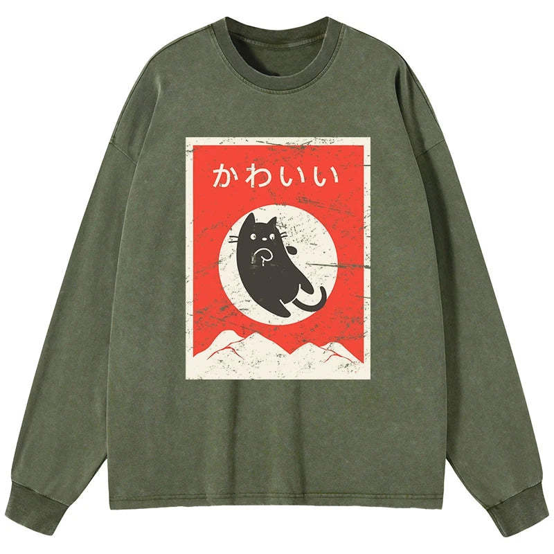 Tokyo-Tiger Cute Black Cat Japanese Washed Long Sleeve T-Shirt