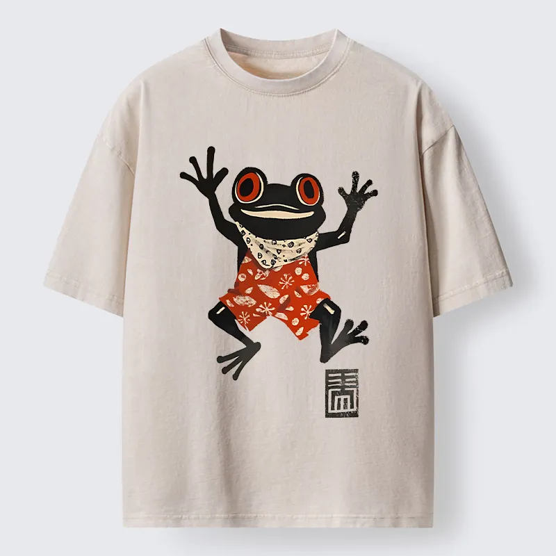Tokyo-Tiger Japanese Happy Frog Ukiyoe Washed T-Shirt