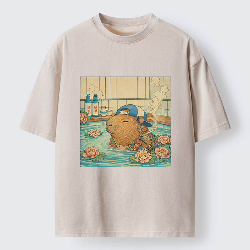 Tokyo-Tiger Capybara Enjoy Onsen Washed T-Shirt