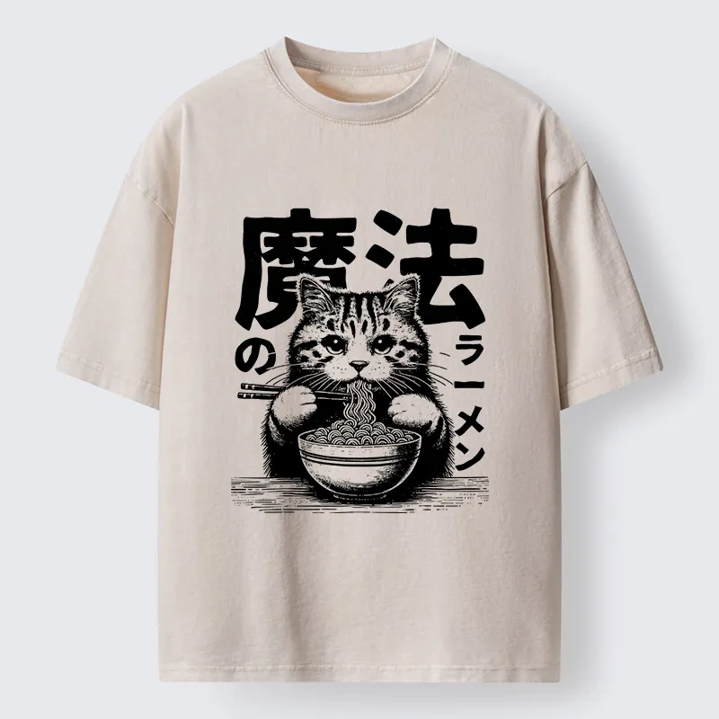 Tokyo-Tiger Cat Eating Magic Ramen Washed T-Shirt