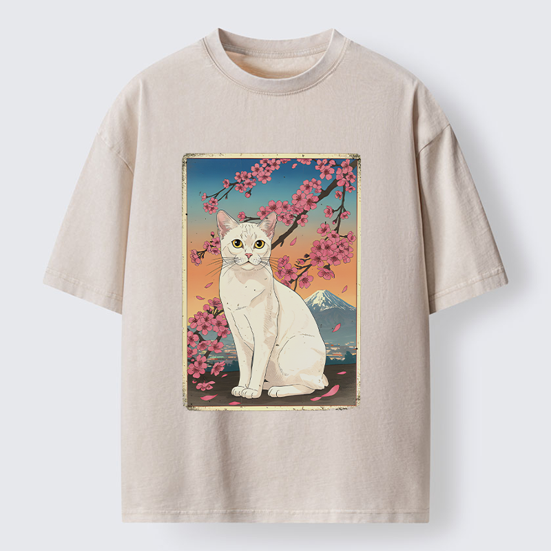 Tokyo-Tiger Sakura Fuji And Cat Japanese Art Washed T-Shirt