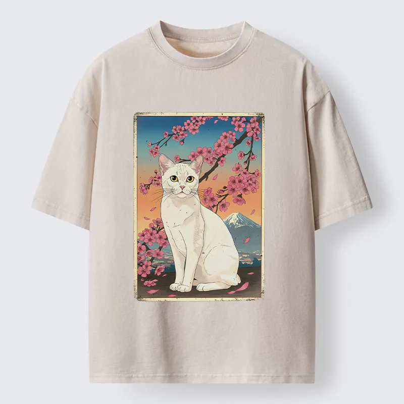 Tokyo-Tiger Sakura Fuji And Cat Japanese Art Washed T-Shirt