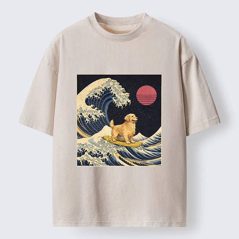 Tokyo-Tiger The Great Wave Dog Funny Washed T-Shirt