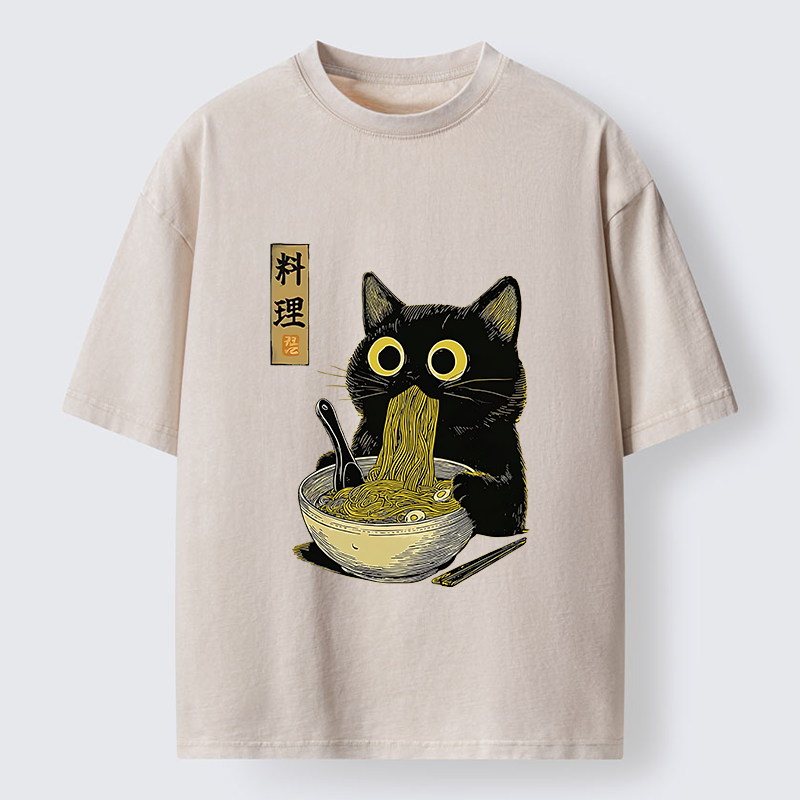 Tokyo-Tiger Japanese Black Cat Ramen Noodle Washed T-Shirt