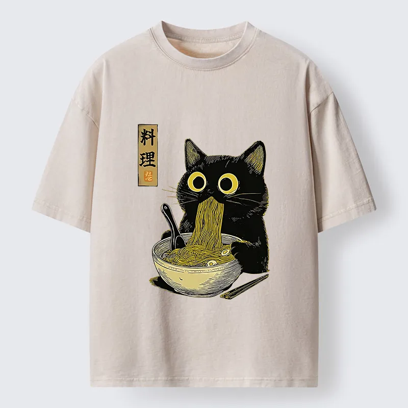 Tokyo-Tiger Japanese Black Cat Ramen Noodle Washed T-Shirt