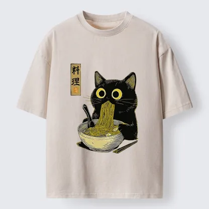 Tokyo-Tiger Japanese Black Cat Ramen Noodle Washed T-Shirt
