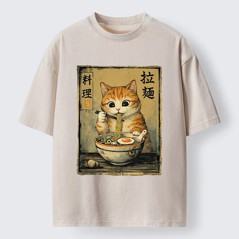 Tokyo-Tiger Retro Ginger Cat Ramen Washed T-Shirt
