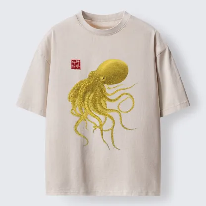 Tokyo-Tiger Woodblock Golden Octopus Washed T-Shirt