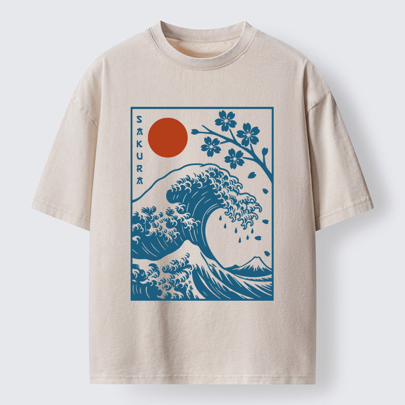 Tokyo-Tiger Japanese The Great Wave And Sakura Washed T-Shirt