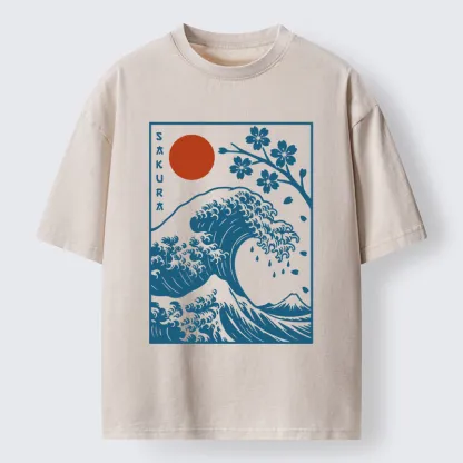 Tokyo-Tiger Japanese The Great Wave And Sakura Washed T-Shirt