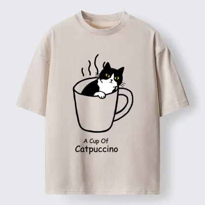 Tokyo-Tiger Catpuccino Cat Coffee Funny Washed T-Shirt