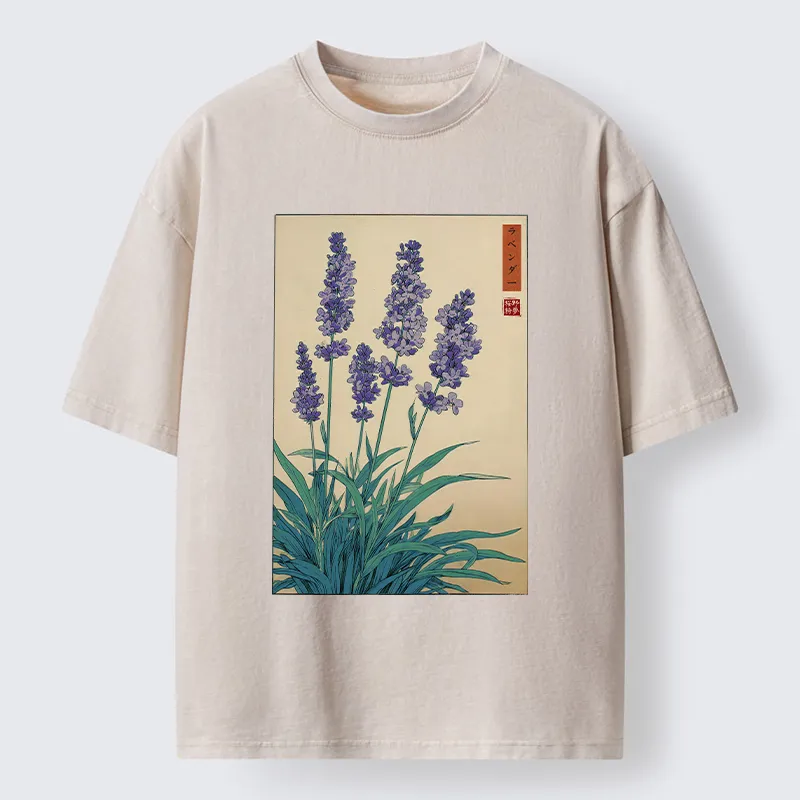 Tokyo-Tiger Japanese Art Lavender Flower Washed T-Shirt