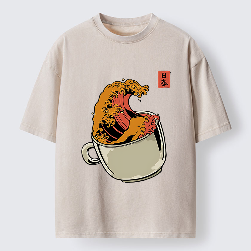 Tokyo-Tiger Japanese Wave Coffee Ukiyoe Washed T-Shirt