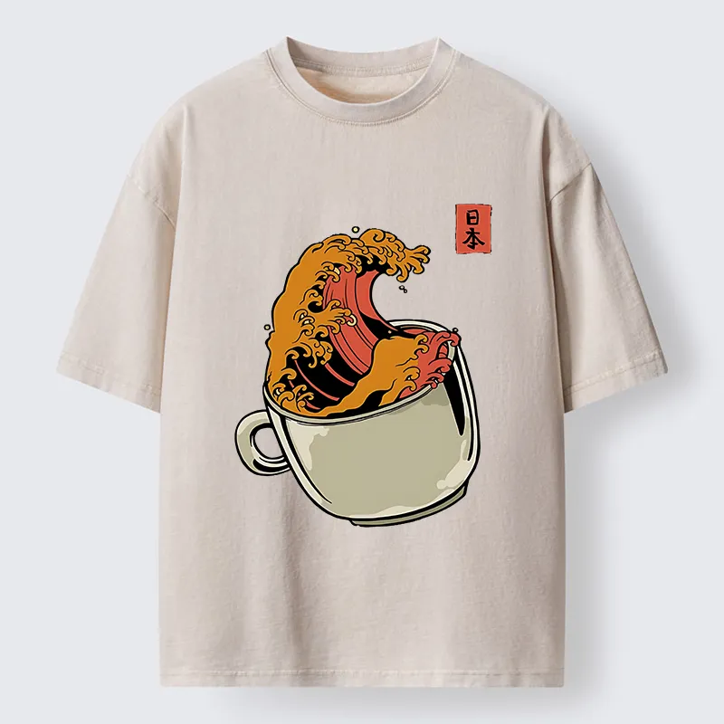 Tokyo-Tiger Japanese Wave Coffee Ukiyoe Washed T-Shirt
