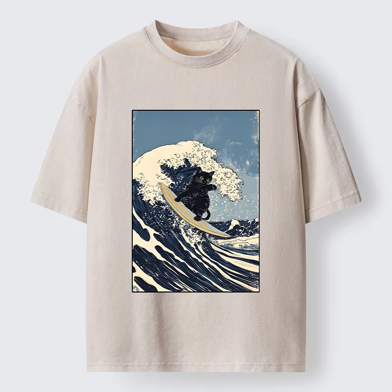 Tokyo-Tiger Black Cat Surfing Wave Japanese Ukiyoe Washed T-Shirt