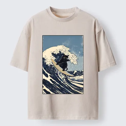 Tokyo-Tiger Black Cat Surfing Wave Japanese Ukiyoe Washed T-Shirt