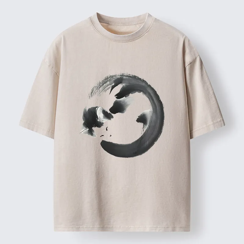Tokyo-Tiger Inkpainting Cat Zen Enso Washed T-Shirt