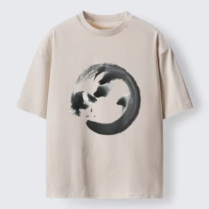 Tokyo-Tiger Inkpainting Cat Zen Enso Washed T-Shirt