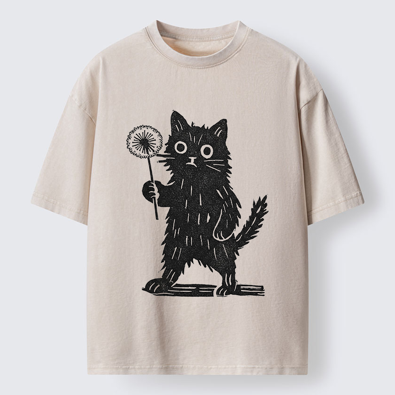 Tokyo-Tiger Cat And Dandelion Woodblock Washed T-Shirt