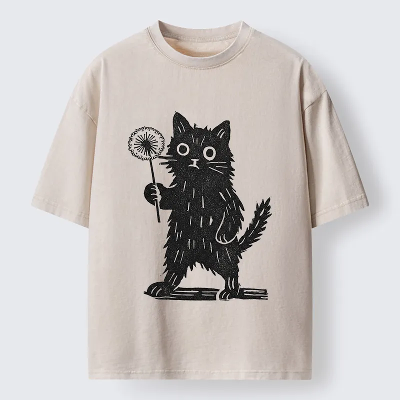 Tokyo-Tiger Cat And Dandelion Woodblock Washed T-Shirt