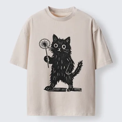 Tokyo-Tiger Cat And Dandelion Woodblock Washed T-Shirt