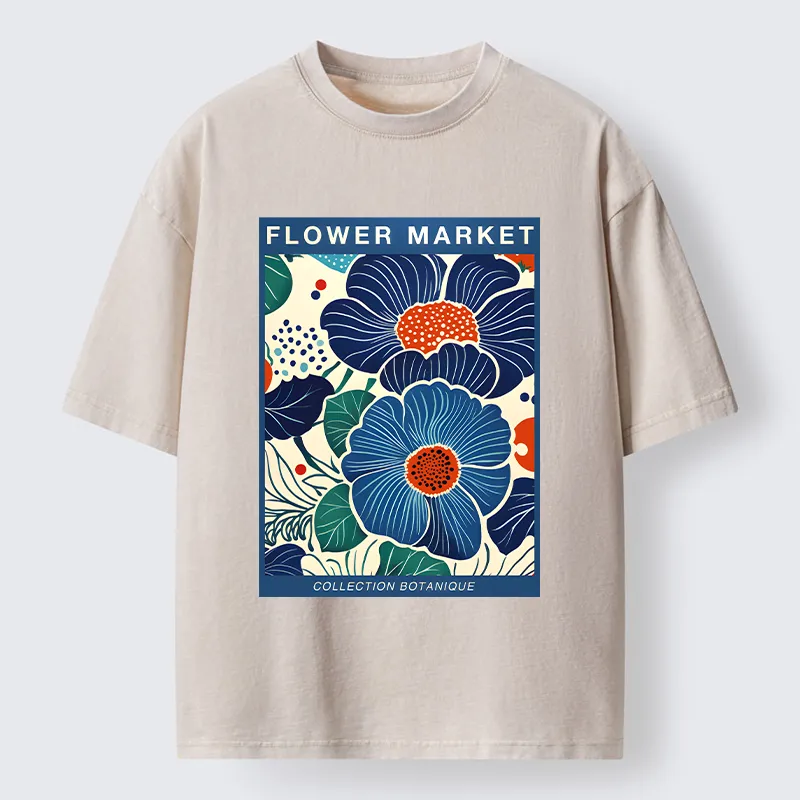 Tokyo-Tiger Blue Flowers Botanical Art Washed T-Shirt