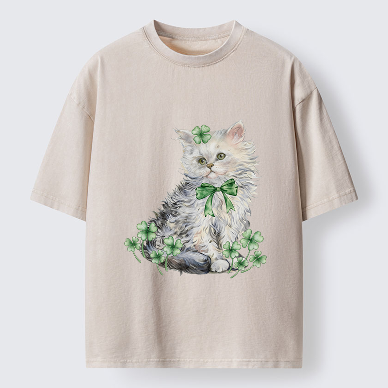 Tokyo-Tiger St Patricks Day Cat Clover Washed T-Shirt