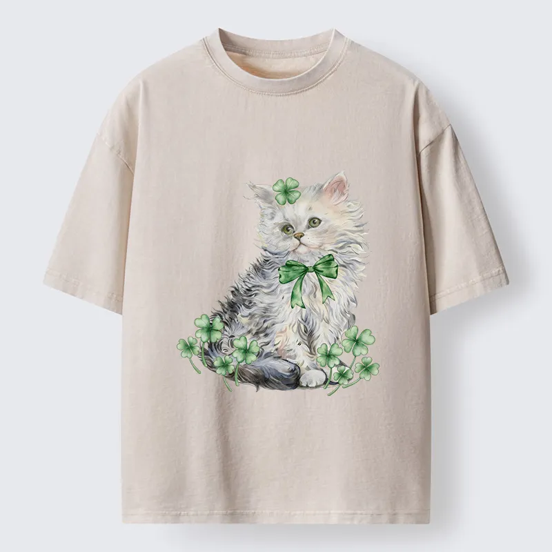 Tokyo-Tiger St Patricks Day Cat Clover Washed T-Shirt
