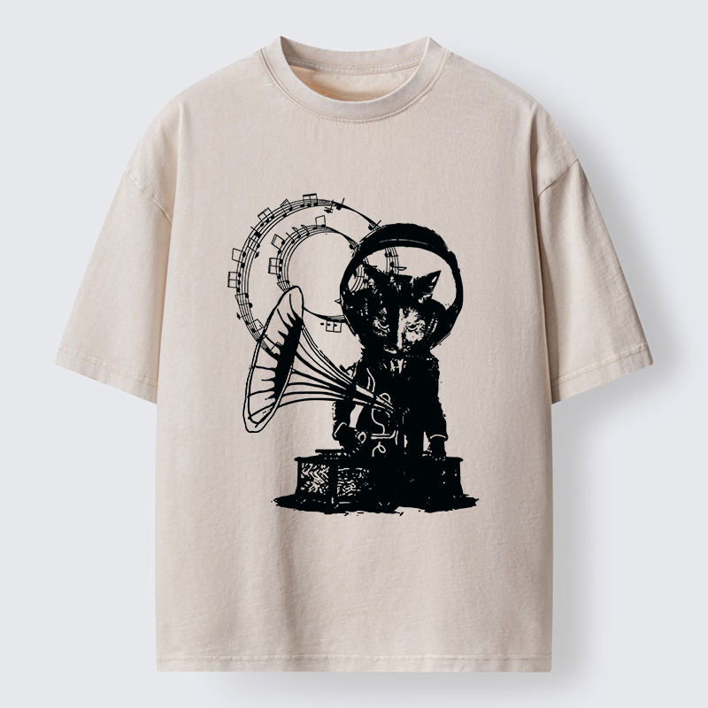 Tokyo-Tiger Vintage Cat Phonograph Music Washed T-Shirt