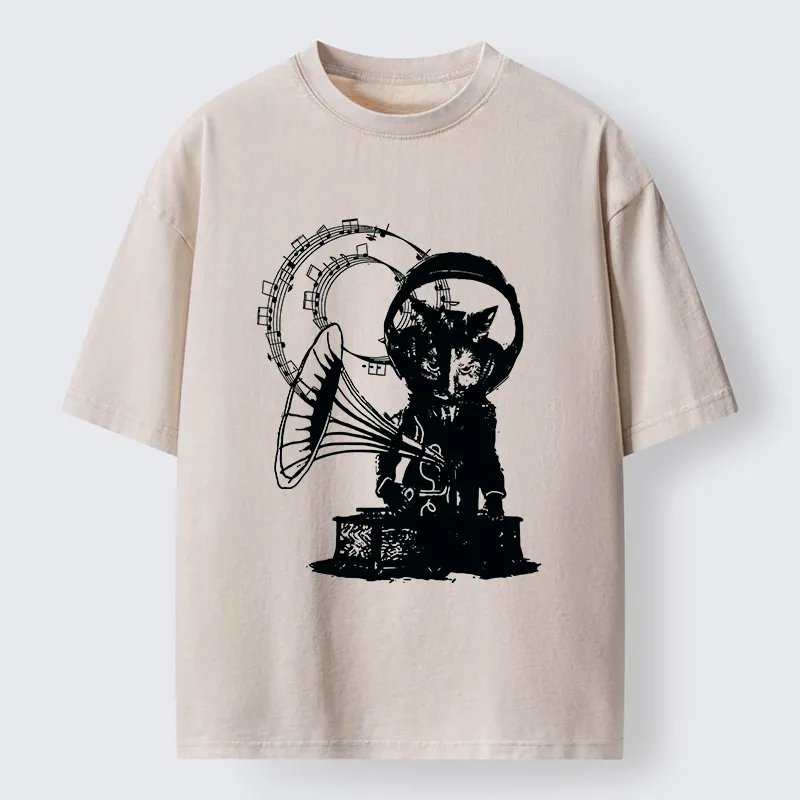 Tokyo-Tiger Vintage Cat Phonograph Music Washed T-Shirt
