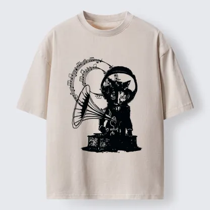 Tokyo-Tiger Vintage Cat Phonograph Music Washed T-Shirt
