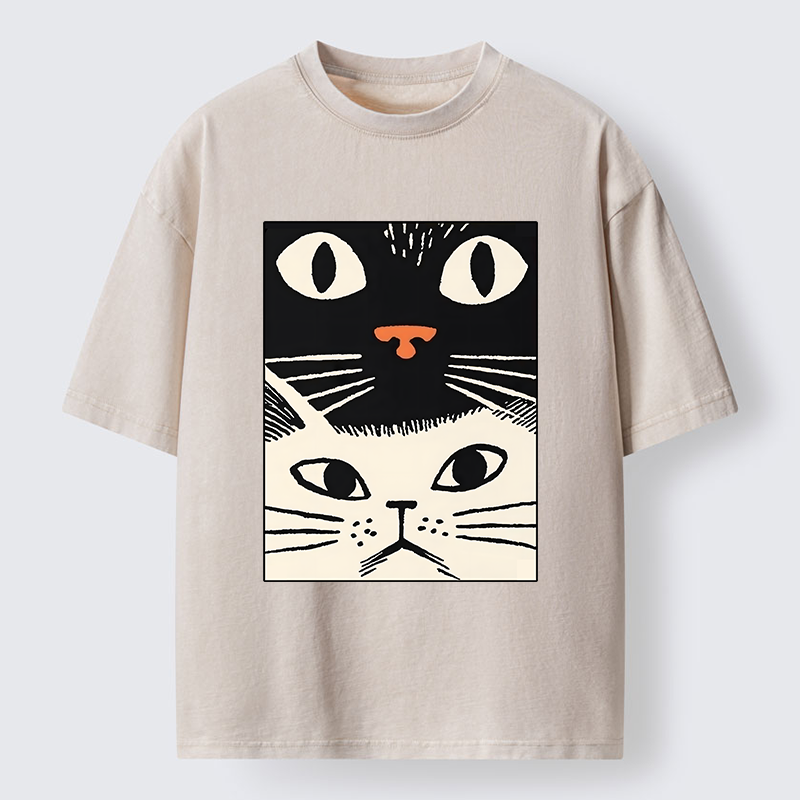 Tokyo-Tiger Black Cat And White Cat Washed T-Shirt