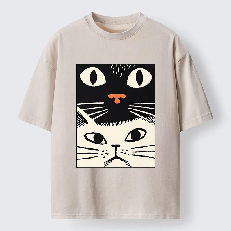 Tokyo-Tiger Black Cat And White Cat Washed T-Shirt