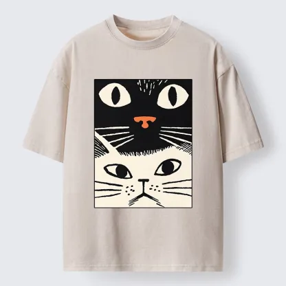Tokyo-Tiger Black Cat And White Cat Washed T-Shirt
