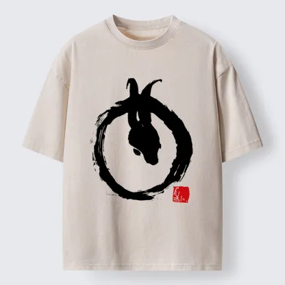 Tokyo-Tiger Ink Painting Zen Enso Rabbit Washed T-Shirt
