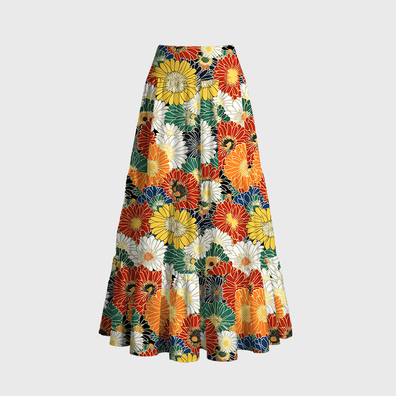 Tokyo-Tiger Colorful Chrysanthemums Maxi Skirt