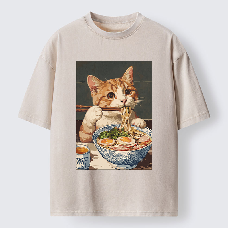 Tokyo-Tiger Cute Cat Eating Ramen Japanese Poster Washed T-Shirt