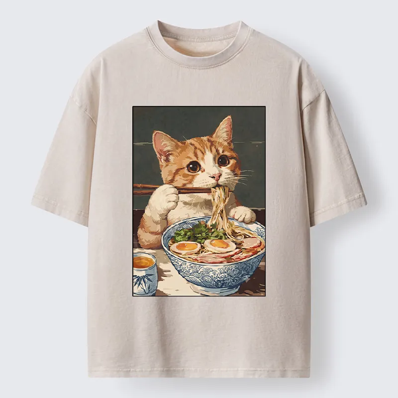 Tokyo-Tiger Cute Cat Eating Ramen Japanese Poster Washed T-Shirt
