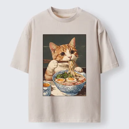 Tokyo-Tiger Cute Cat Eating Ramen Japanese Poster Washed T-Shirt