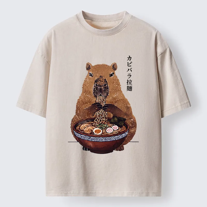 Tokyo-Tiger Japanese Retro Capybara Eating Ramen Washed T-Shirt