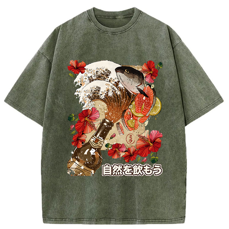 Tokyo-Tiger Sashimi Beer Flowers Ukiyoe Washed T-Shirt