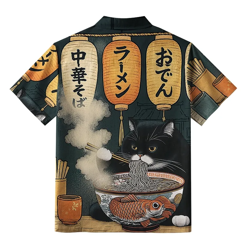 Tokyo-Tiger Fat Cat Eating Ramen Button-up Shirt