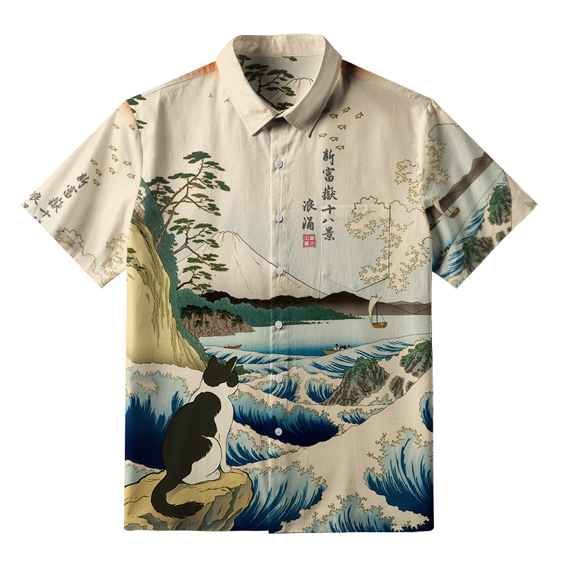 Tokyo-Tiger Cat Overlooking Tranquil Seas Button-up Shirt
