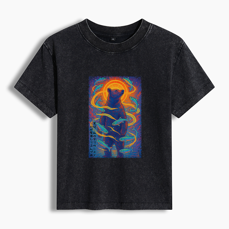 Tokyo-Tiger Ukiyoe Bear and Fish Vintage Poster Women's Washed T-shirt